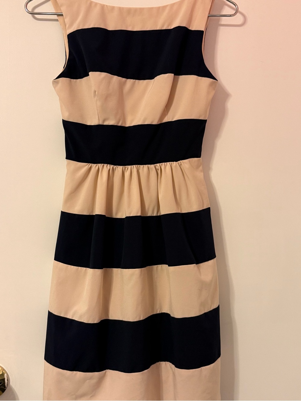 B Darlin Sleeveless Midi Dress in Beige and Black Stripes